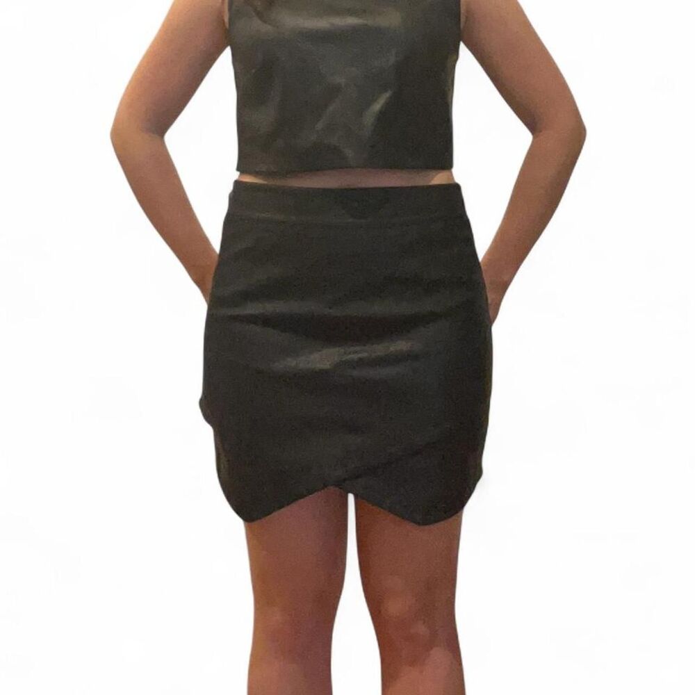 Black Leather Matching Set Crop Top Mini Skirt Faux Leather Sz S